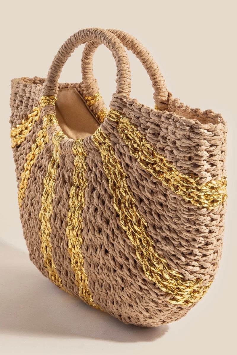 Matallic Stripes Braided Staw Bag