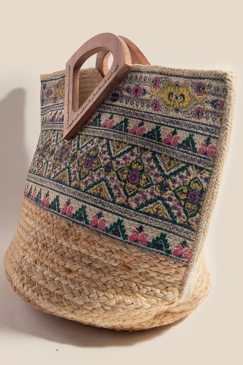 Floral Striped Jute Tote Bag