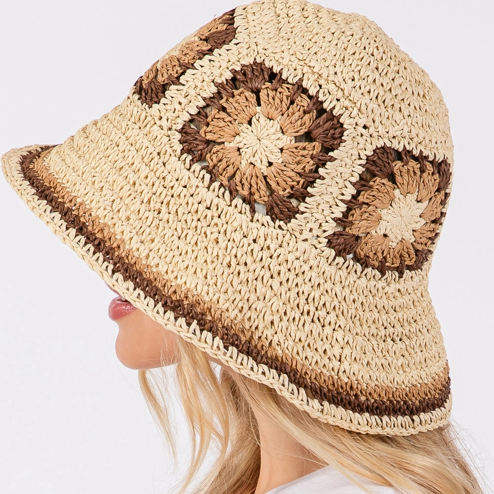 Floral Crochet Straw Bucket Hat