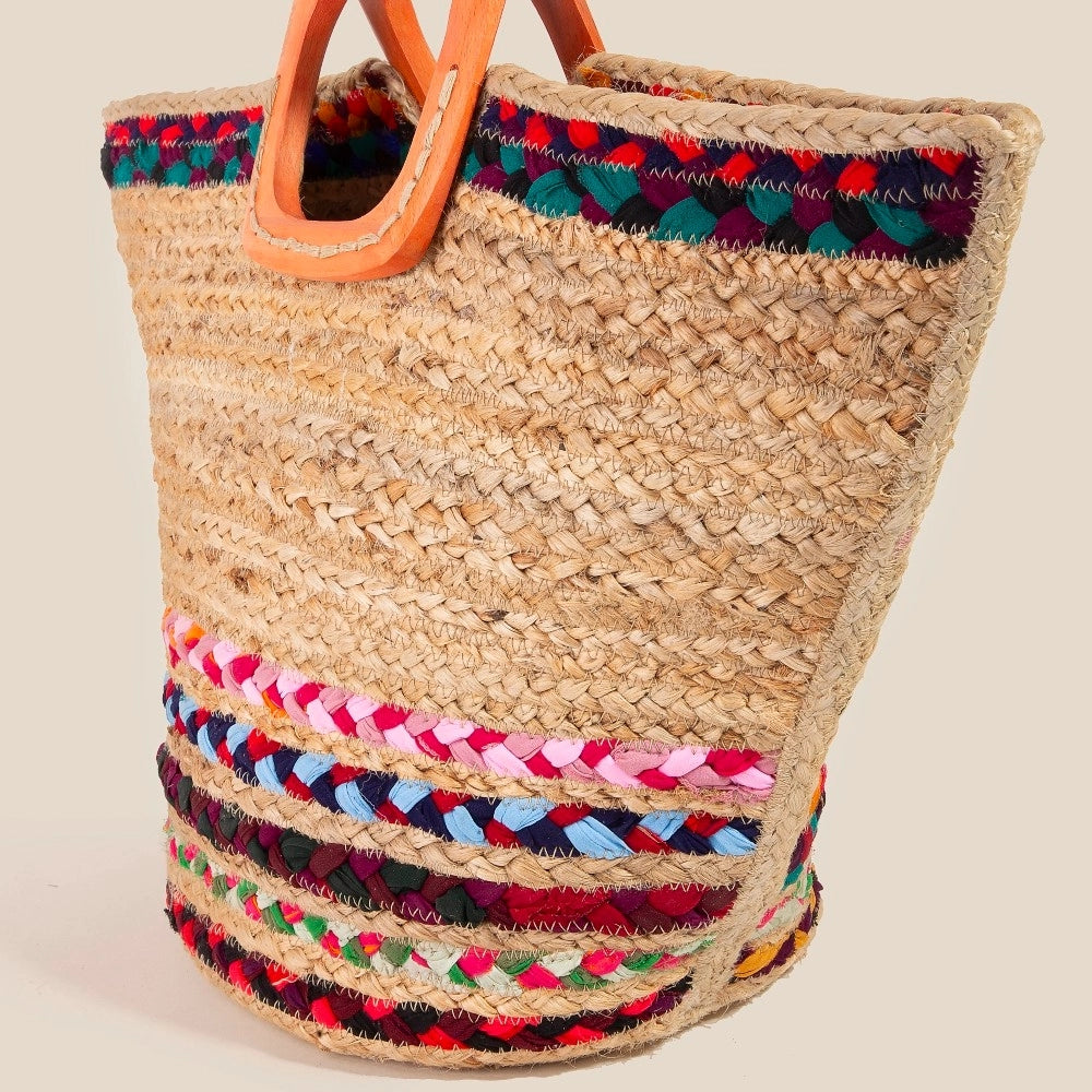 Striped Jute Tote w/Wooden Handle
