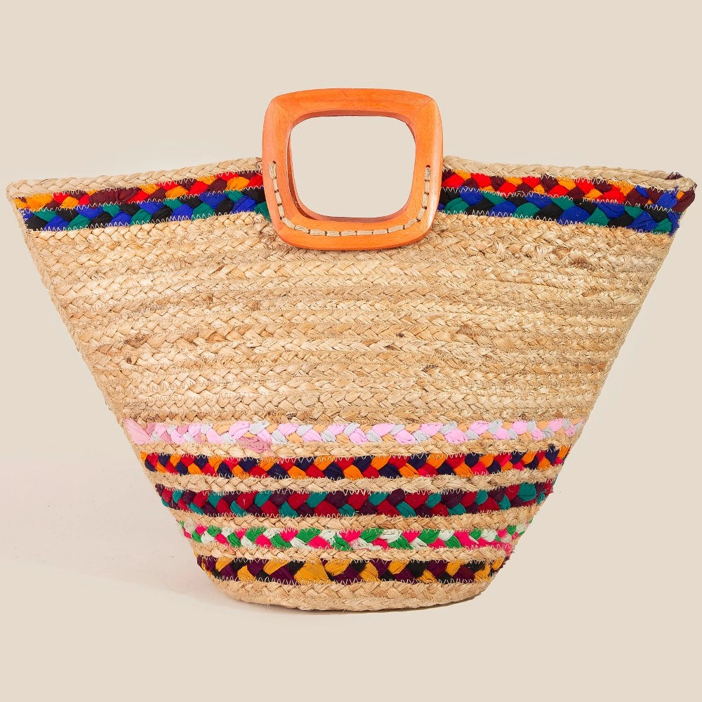 Striped Jute Tote w/Wooden Handle