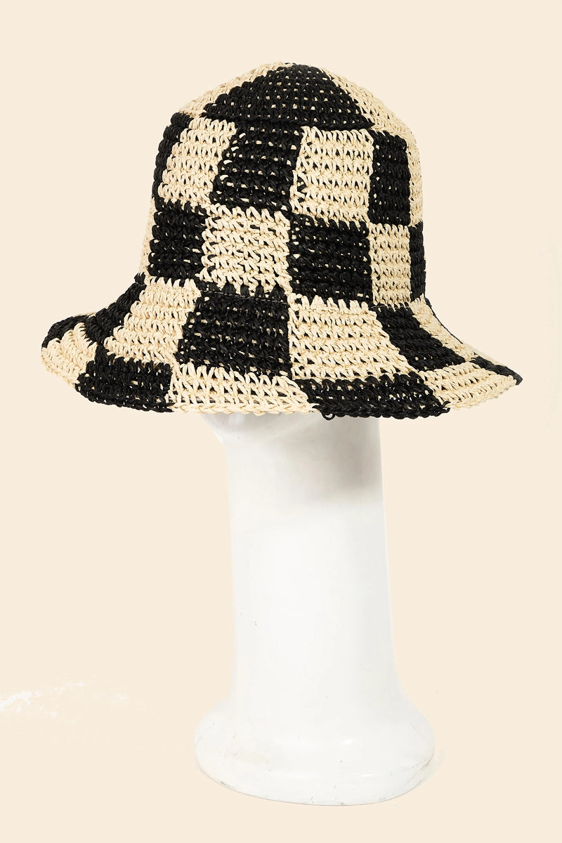 Straw Braided Check Bucket Hat