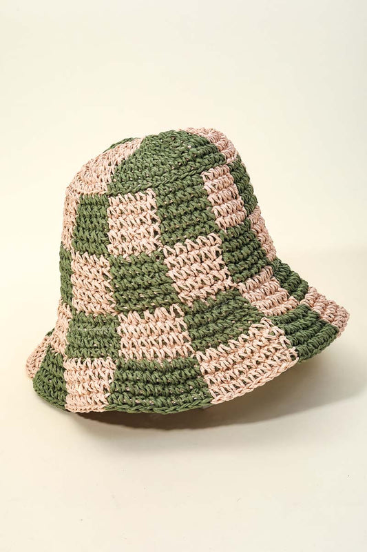 Straw Braided Check Bucket Hat