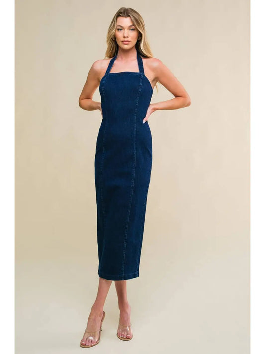 Fitted Dark-Washed-Denim Midi Dress