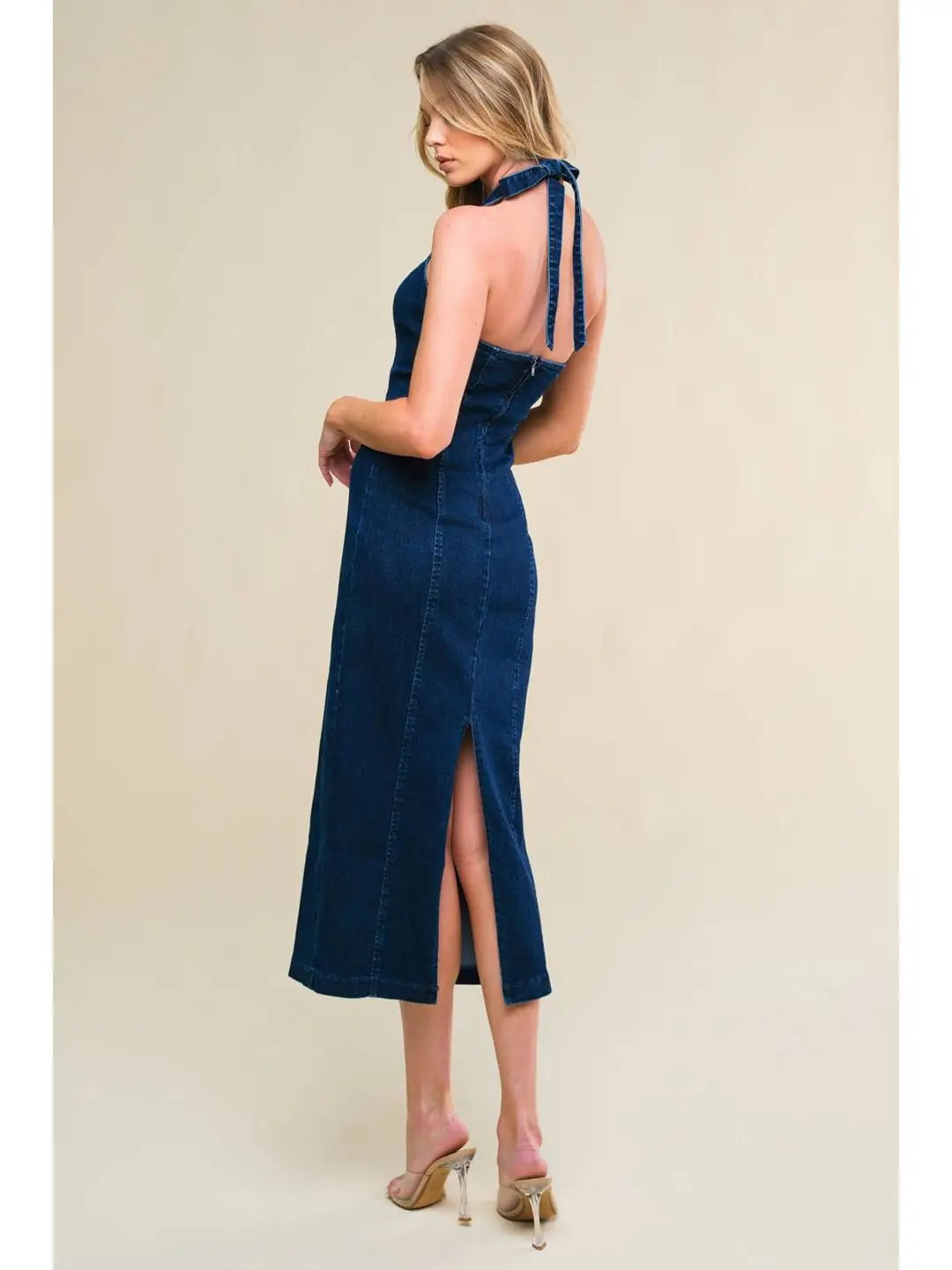 Fitted Dark-Washed-Denim Midi Dress
